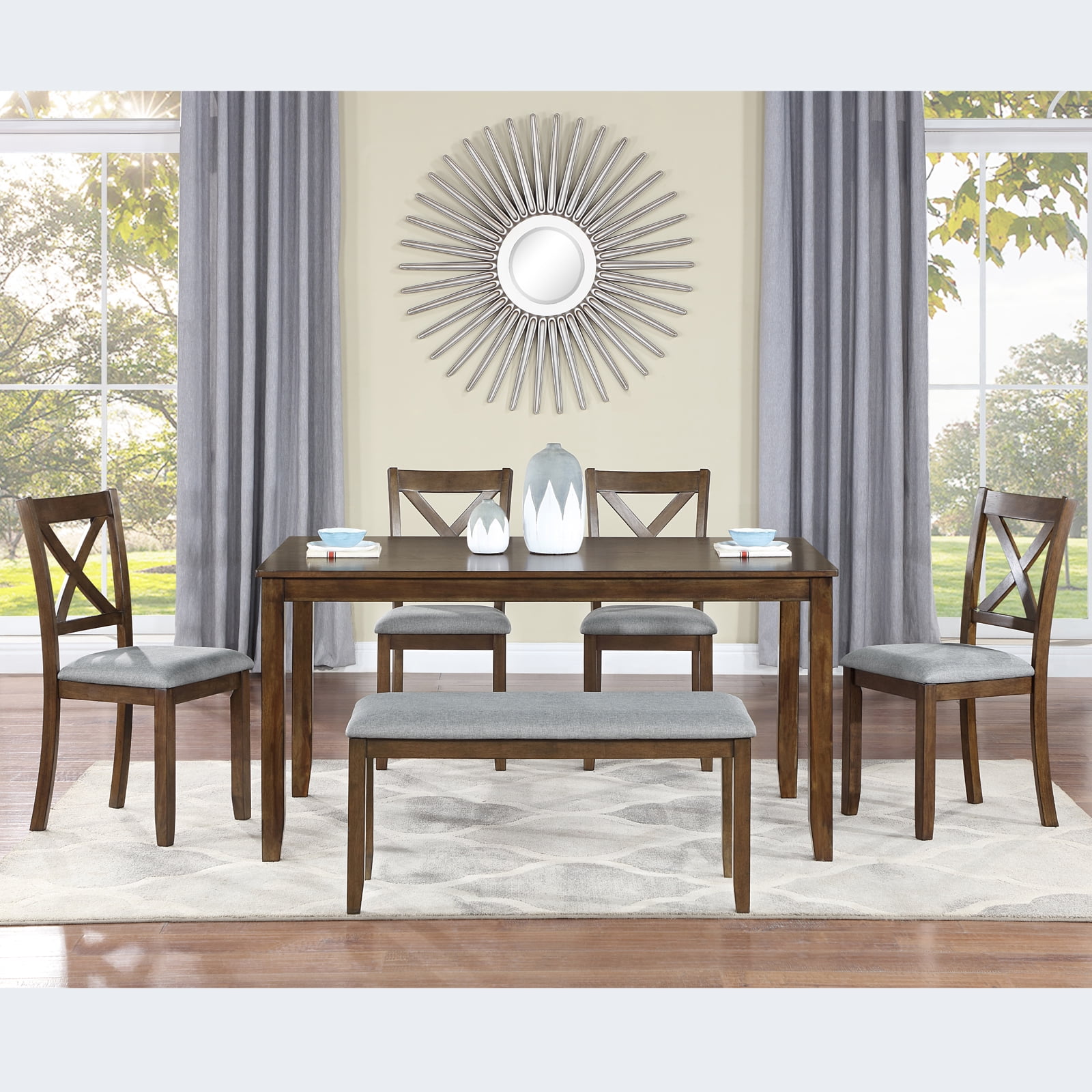 HOQBN 6 PieceKitchen Dining Table Set,Rectangular Wooden Dining Table with 4 Upholstered Chairs and a Bench, Dining Table Set for 6 People, Living Room, Home Bar and Kitchen,Walnut