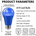 thumbnail image 2 of miduoudo-4 Pack 9W 120V Base E26 Ampoule LED Colorée A19, Équivalent 60W Lumières LED Bleues pour Décoration de Fête de Noël et Éclairage d'Halloween, 2 of 4