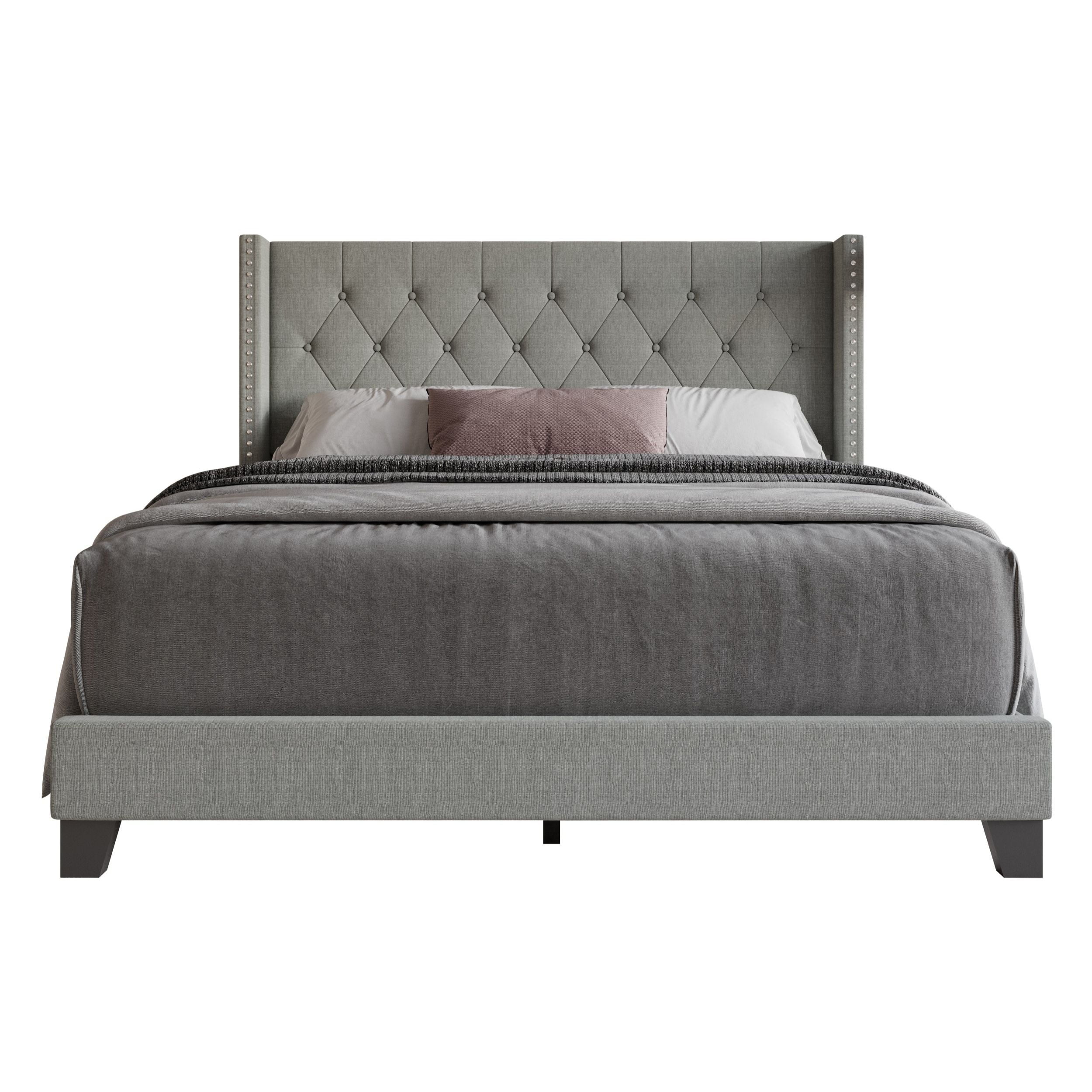Home Design Homer Queen Button-Tufted Wingback Upholstered Panel Bed Frame with Nailhead Trim design for Adult, Gray, Easy Assembly