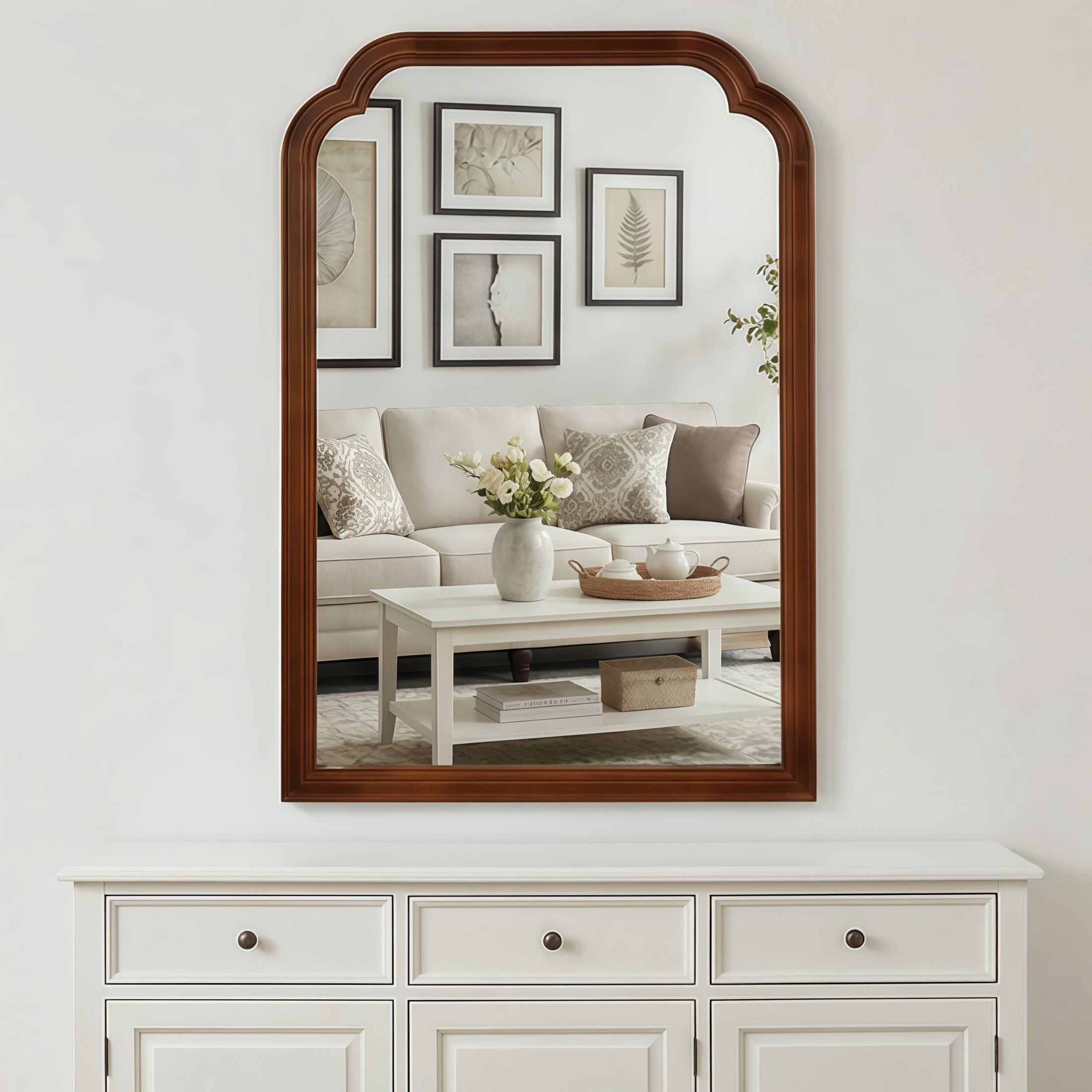 Noble House 24"x36" Rounded Corner Solid Wood Wall Mirror, Decorative Bathroom Rectangle Accent Mirror, Walnut