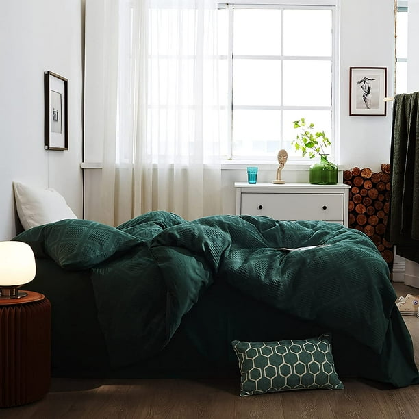 Emerald Green Waffle Duvet Cover 100% Cotton Solid Color Bedding Set King  Jacquard Waffle Weave Comforter Cover Dark Green Duvet Cover with 2  Pillowcases Geometric Waffle Plaid Bedding Set 