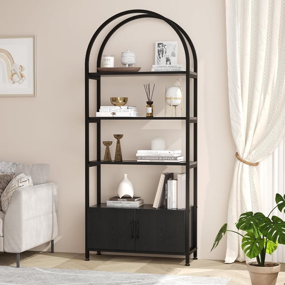Rugerasy Arched Bookshelf,Bookcase with Doors Storage,71.5" 4-Tier Tall Bookcase with Sturdy Metal Frame,Freestanding Display Shelving Unit for Living Room,Home