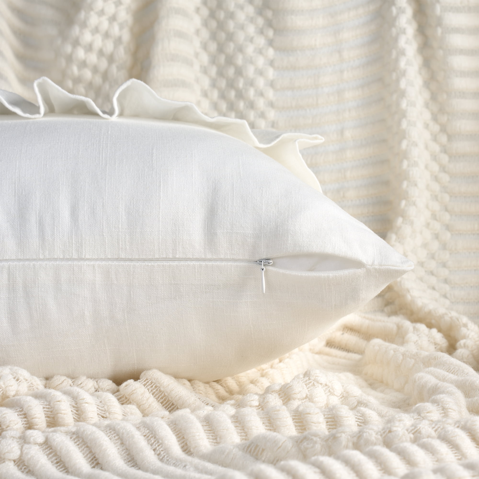 Unique Bargains Solid Boho Throw Pillow Covers with Ruffles Set of 1 Milky White 18" x 18"