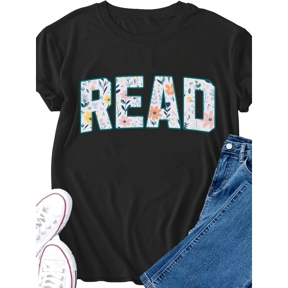 Read Book Lover Floral Letter Graphic Tee for Men Women, Cute Reading Teacher Short Sleeve T-Shirt, Casual Crew Neck Top for Bookworm Gift