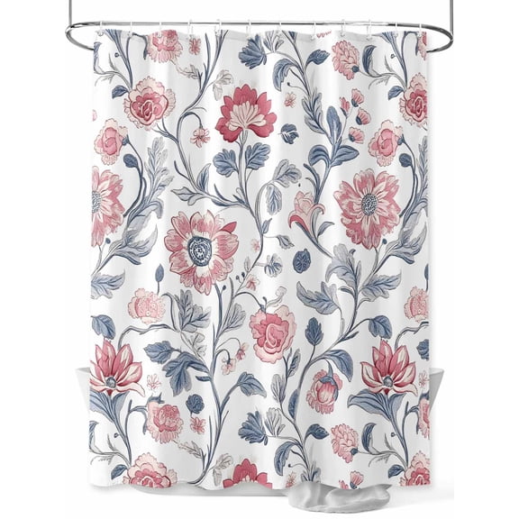 Fsddascl Pink Blue Floral Shower Curtain Set - Small 36" x 72" Washable Bathtub Curtain with 12 Hooks, Retro Farmhouse Botanical Blossom Waterproof Fabric Stall Shower Curtains for Bathroom/Bathtub