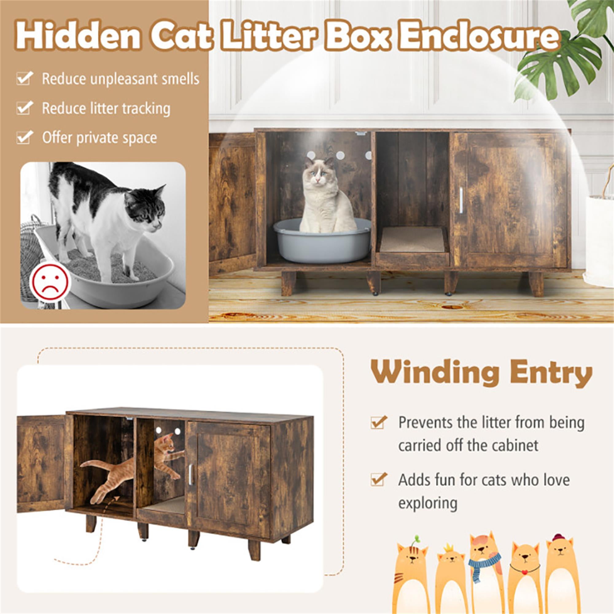 Kadyn 47" 2-Door Cat Litter Box Enclosure with Winding Entry and Scratching Board, Hidden Cat House Washroom Furniture, Dark Brown