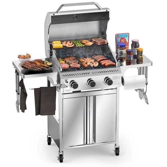 KNDKO 3-Burner Propane Gas Grill, 24,000 BTU Stainless Steel BBQ Grill with Foldable Shelf for Outdoor Barbecue and Cooking