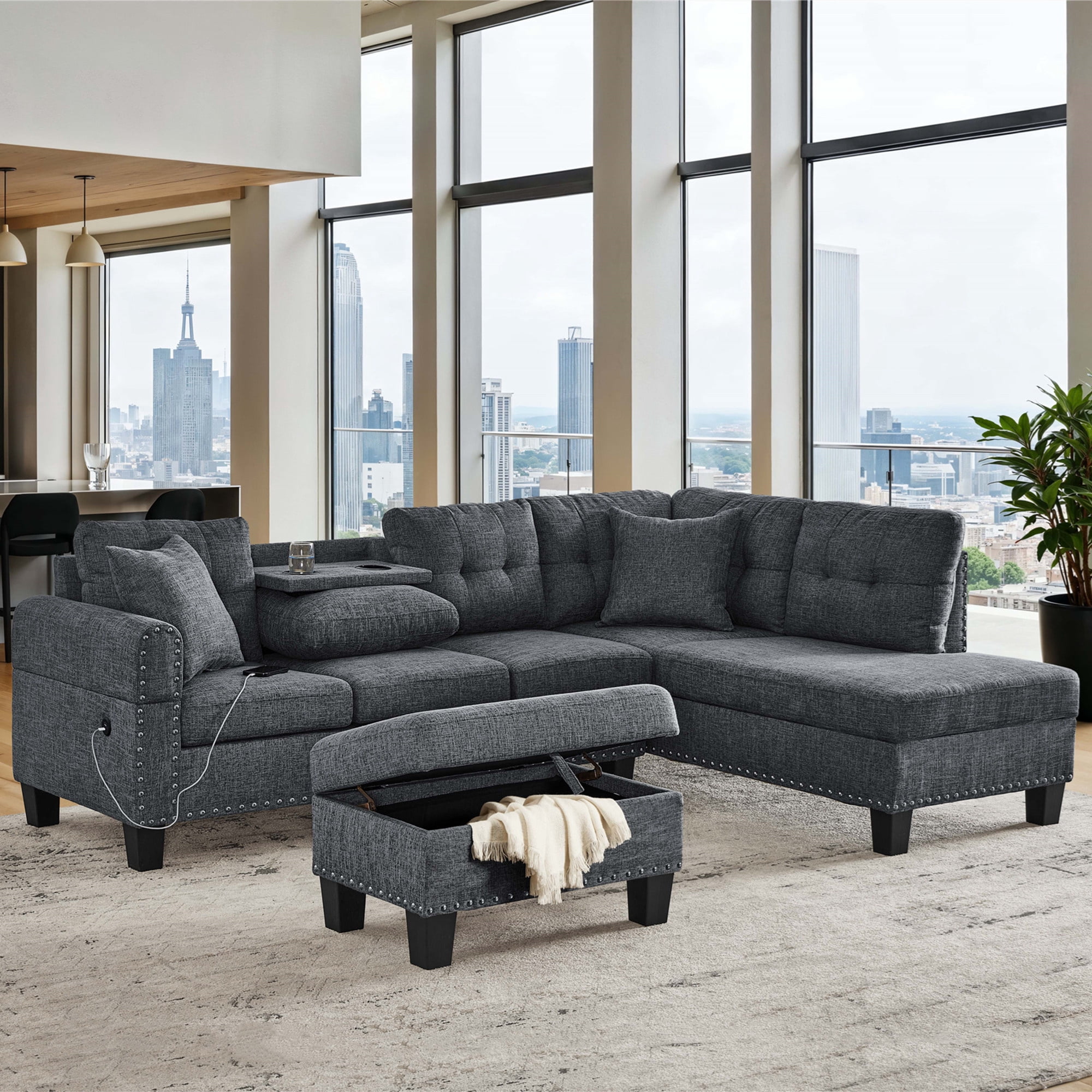 Aukfa 3 Piece Sectional Sofa Couch with Cupholder USB & Storage Ottoman for Living Room, Linen, Right Chaise, Gray
