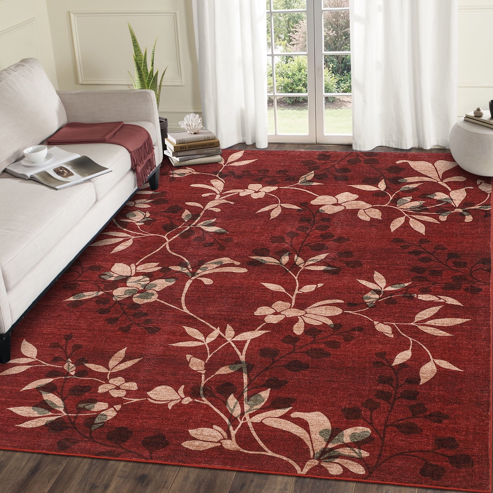Garvee 9'x12' Modern Area Rug Washable Floral Accent Carpet with Non-Slip Backing, Stain-Resistant Soft Rugs Low Pile Floor Mats, Botanical Print Rug for Living Room, Bedroom, Dining Room, Red