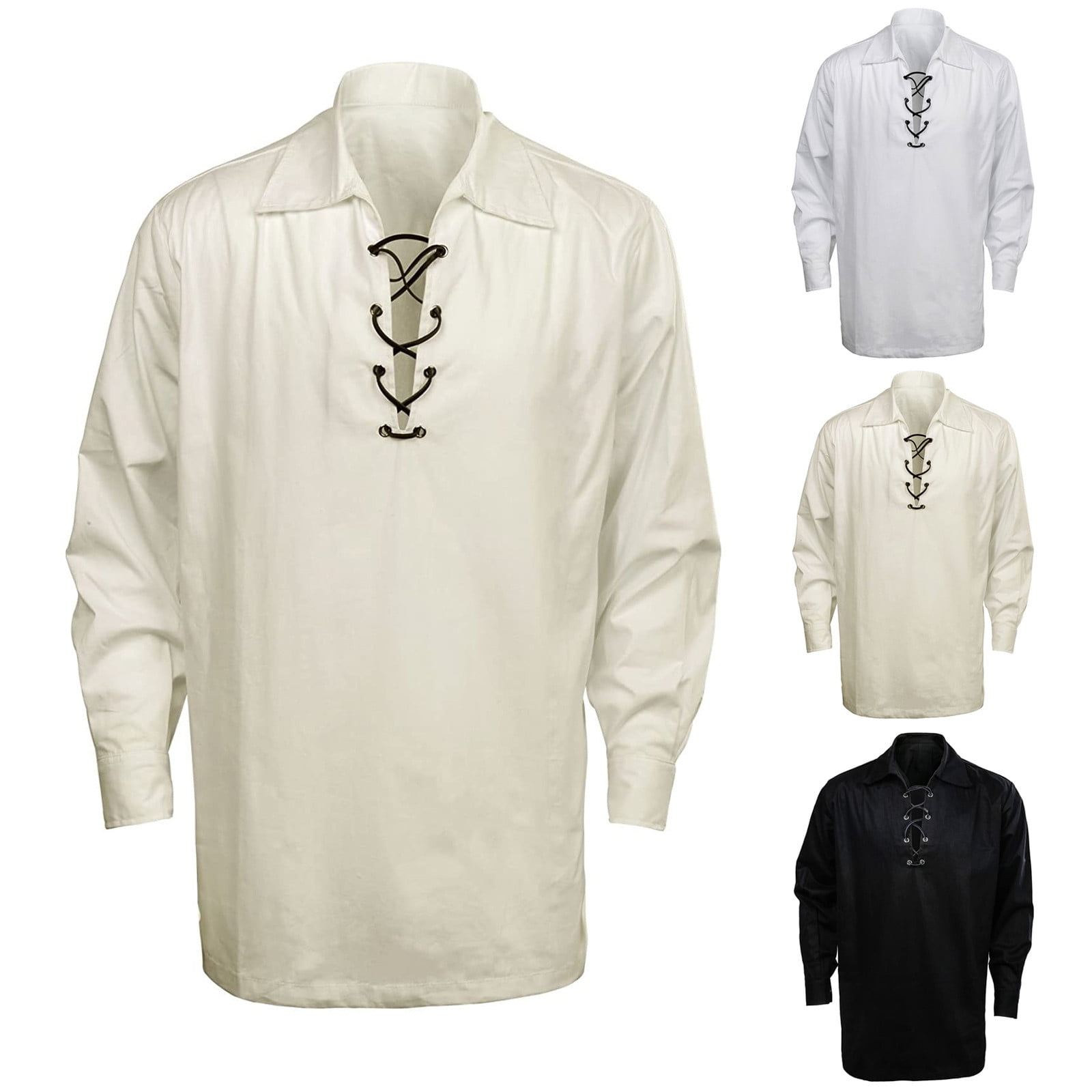 Men Medieval Pirate Lace Up Ruffle T-shirt Puff Sleeve Pullover Top Shirt  Retro