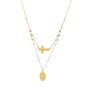 Brilliance Fine Jewelry 10K Yellow, Rose and White Gold Beaded Double Cable Chain with Cross and Oval Miraculous Necklace, 18"