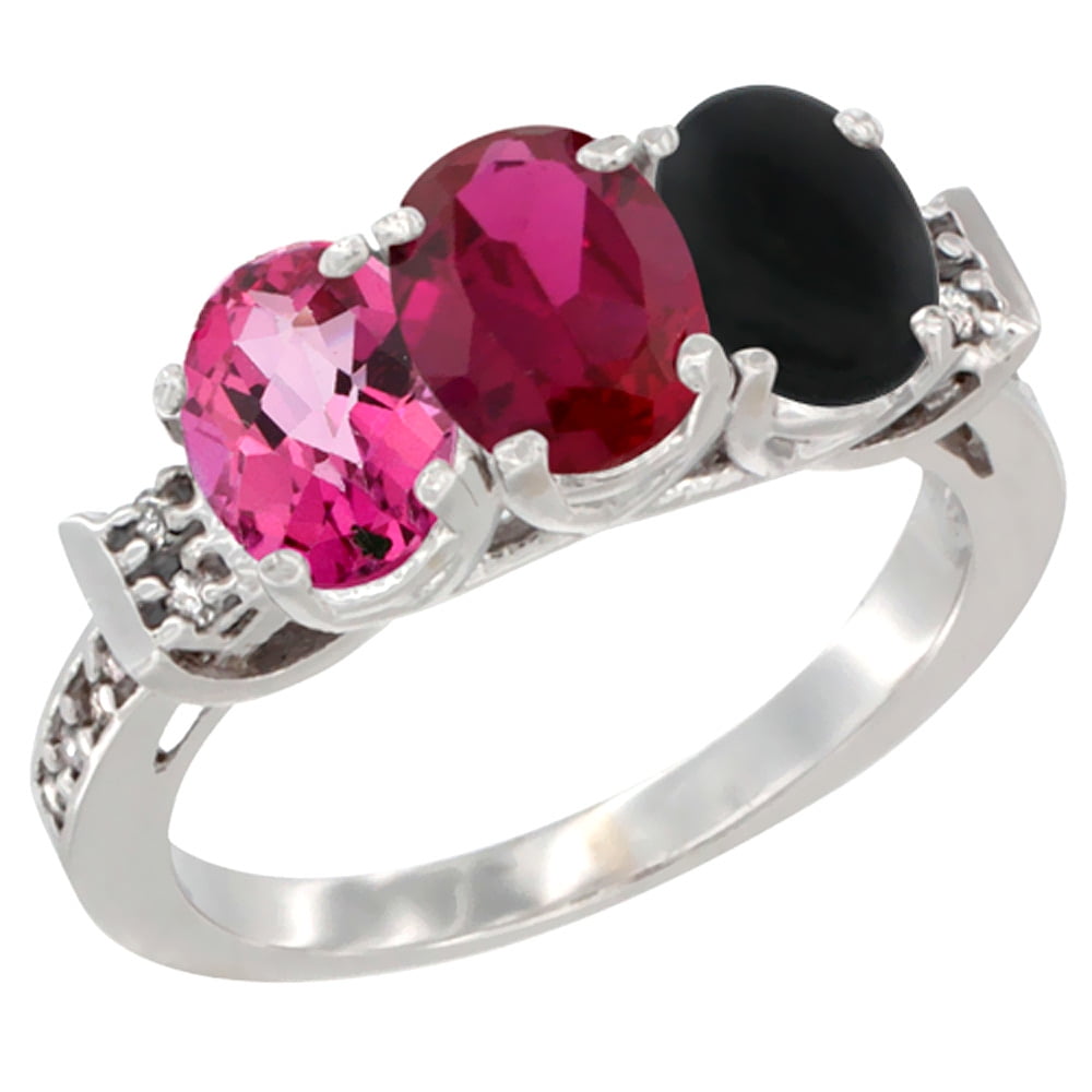 10K White Gold Natural Pink Topaz, Enhanced Ruby & Natural Black Onyx Ring 3-Stone Oval 7x5 mm Diamond Accent, sizes 5... by WorldJewels
