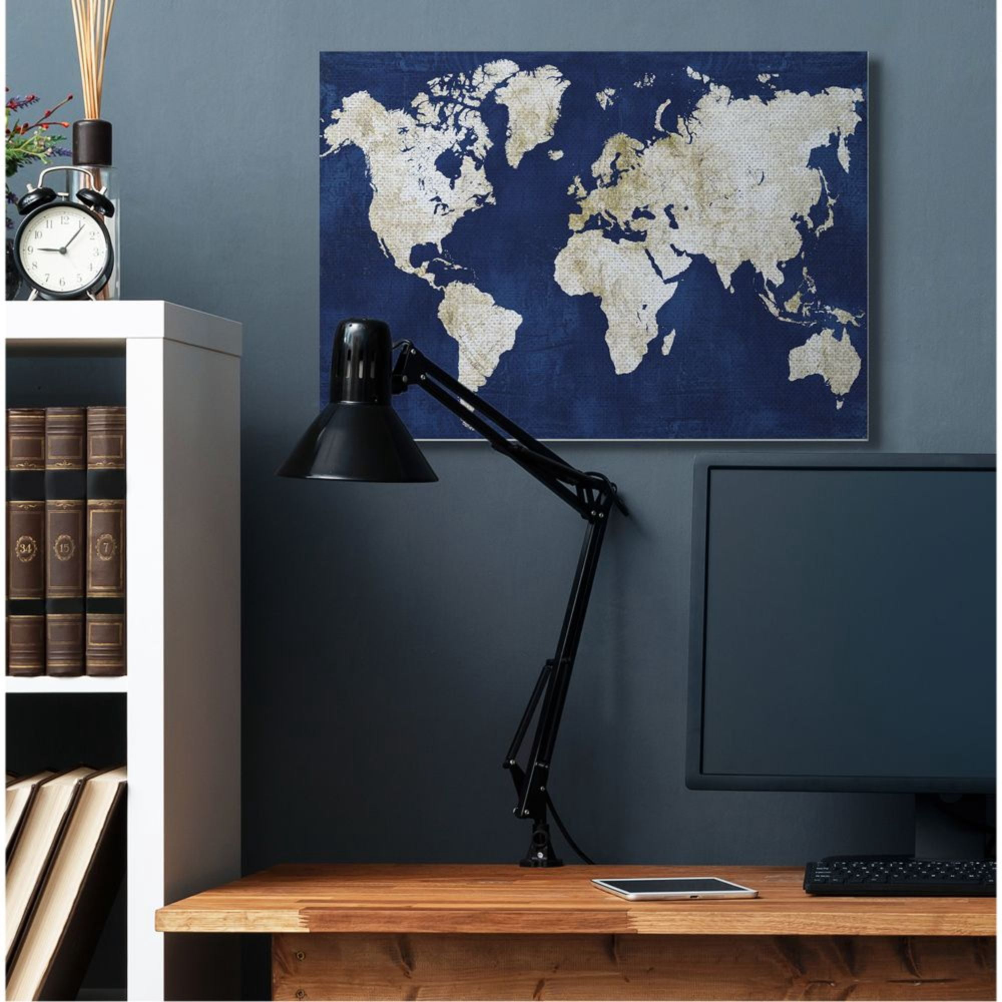 Stupell Industries Navy and Distressed Gold World Map Design by Alicia Vidal, 30" x 40"