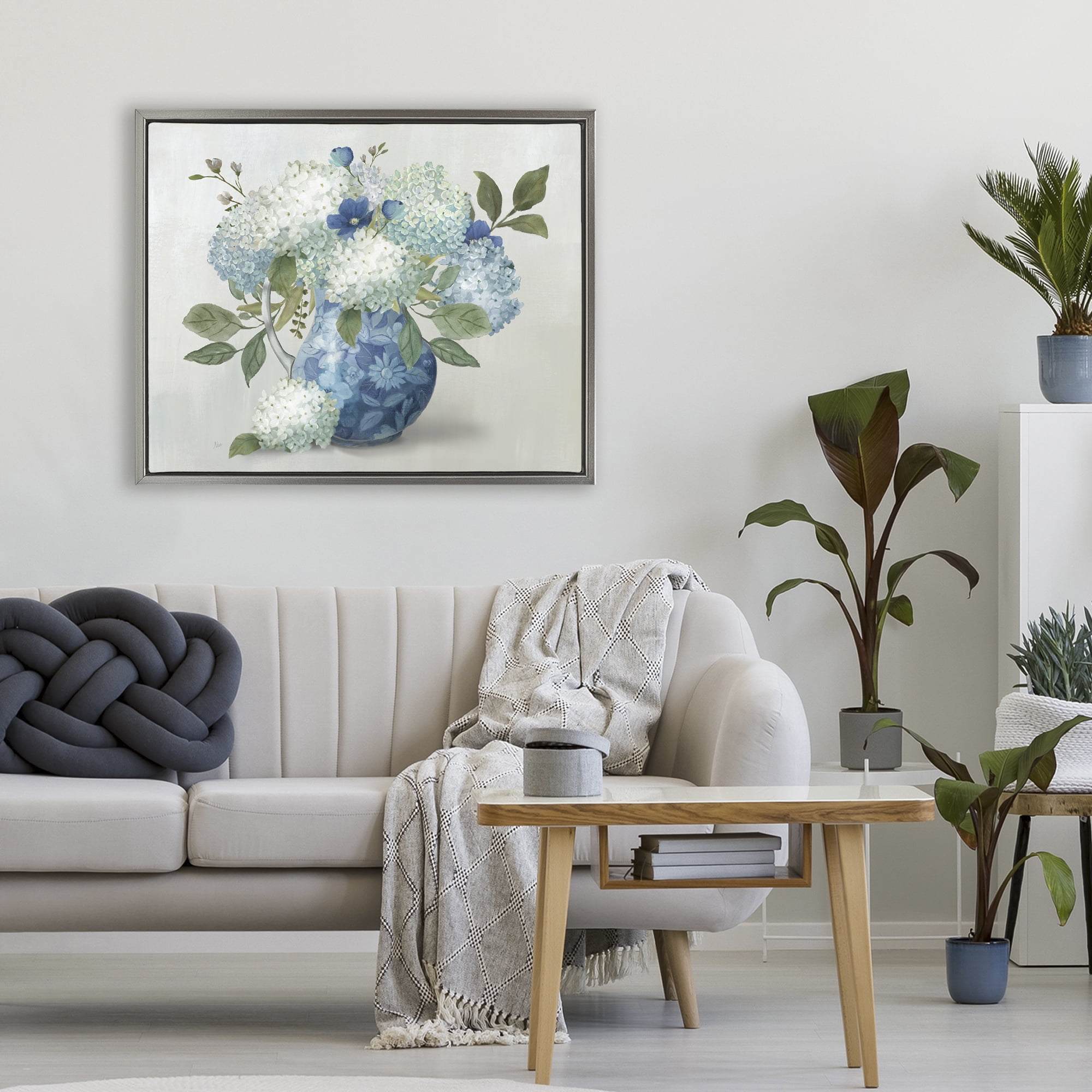 Stupell Industries Ornate Vase with Hydrangeas Gray Framed Floater Canvas Wall Art, design by Nan