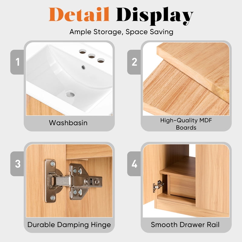 Gianna 24" Modern Bathroom Vanity with Ceramic Basin, Undermount Vanity Sink Cabinet with 2 Doors and 1 Inner Drawer, Free Standing Bathroom Storage Cabinet with Sink Combo Set, Wood