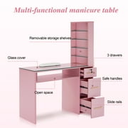BarberPub Nail Desk with Galss Top, Manicure Table with Drawers and Storage Shelves