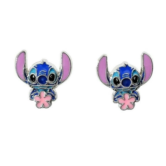 Stitch with Flower Cartoon Movie Character Enamel Metal Stud Earrings