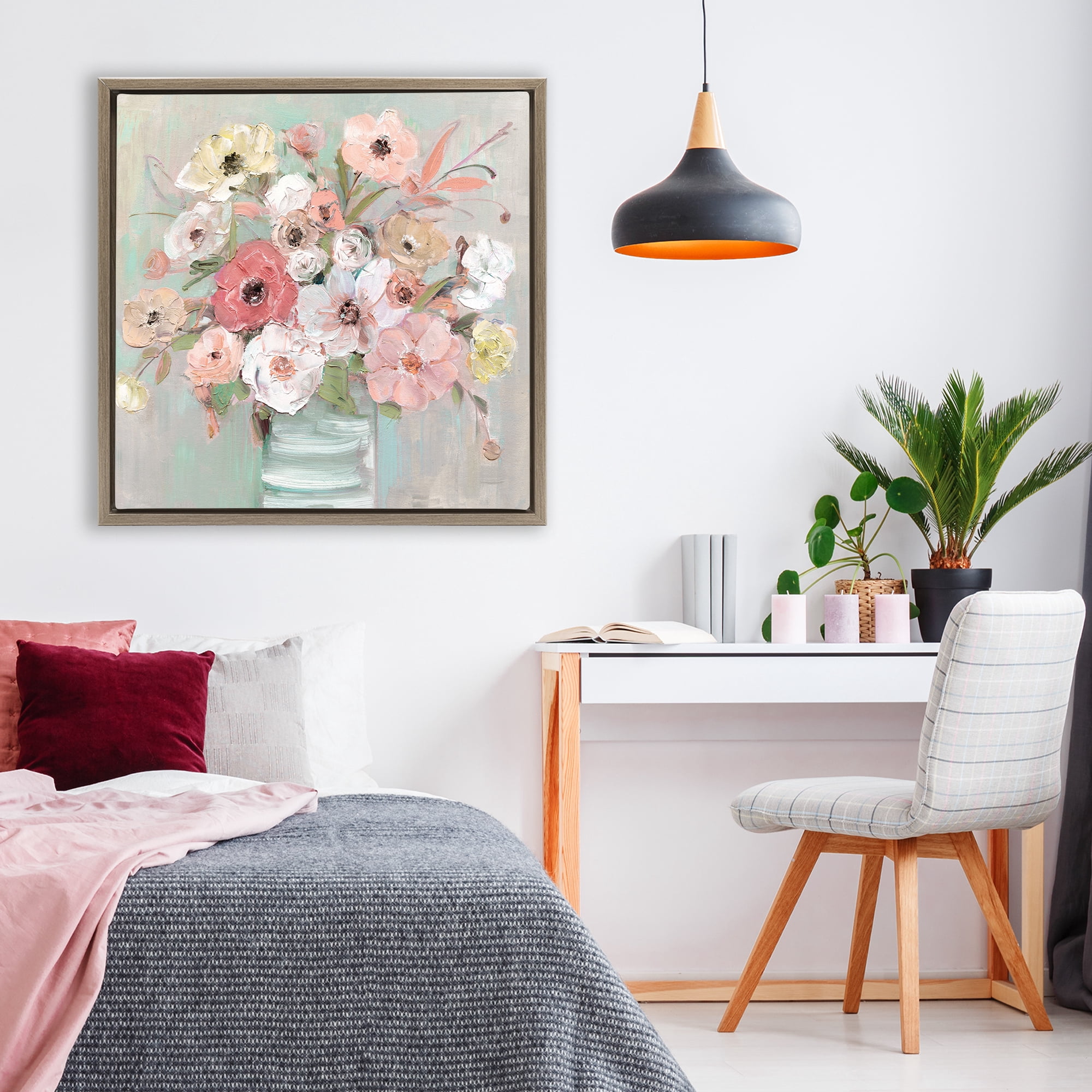 Stupell Industries Pastel Flower Forms Vase Brown Framed Floater Canvas Wall Art, design by Sally Swatland