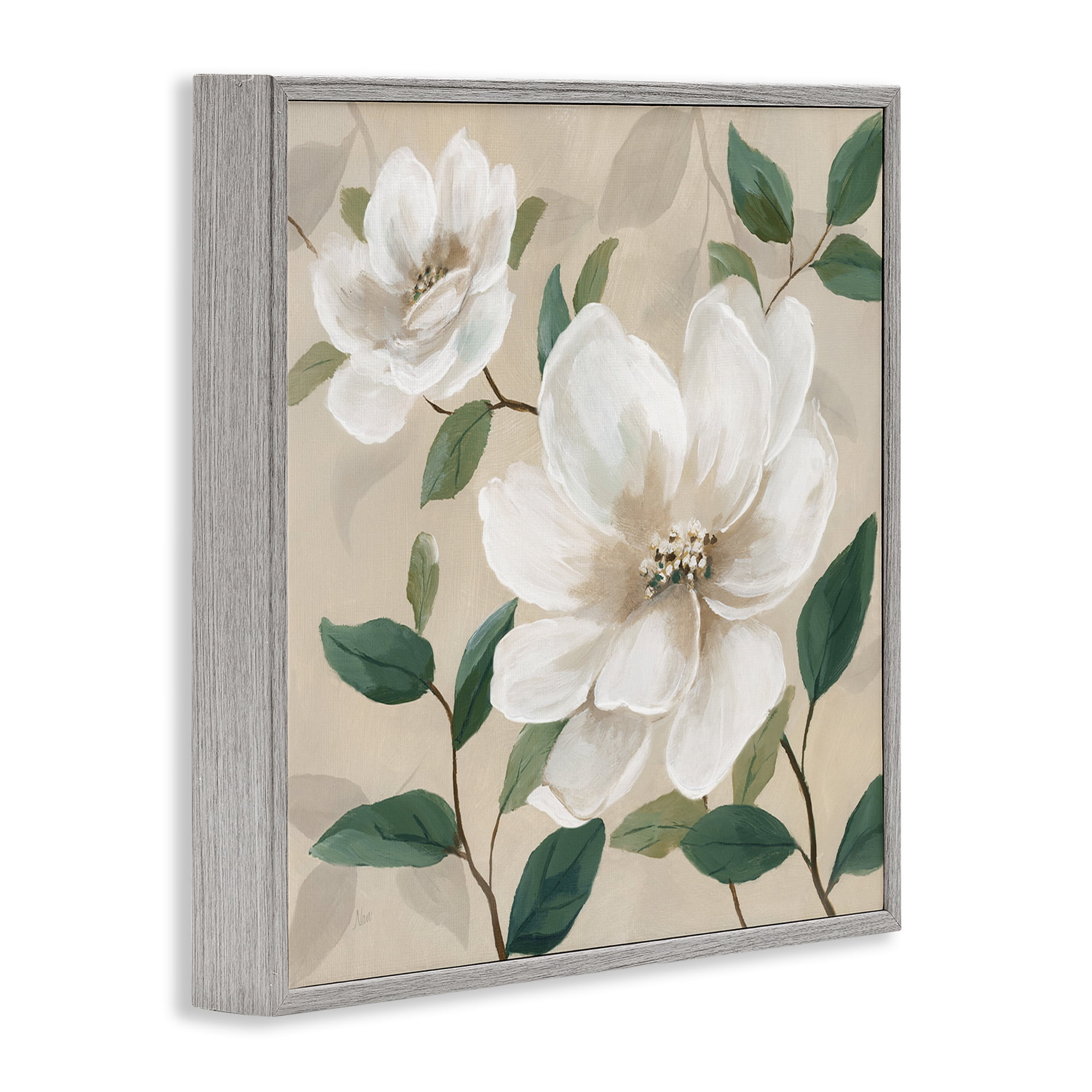 Stupell Industries Serene White Blossom with Leaves Gray Framed Giclee Art, design by Nan
