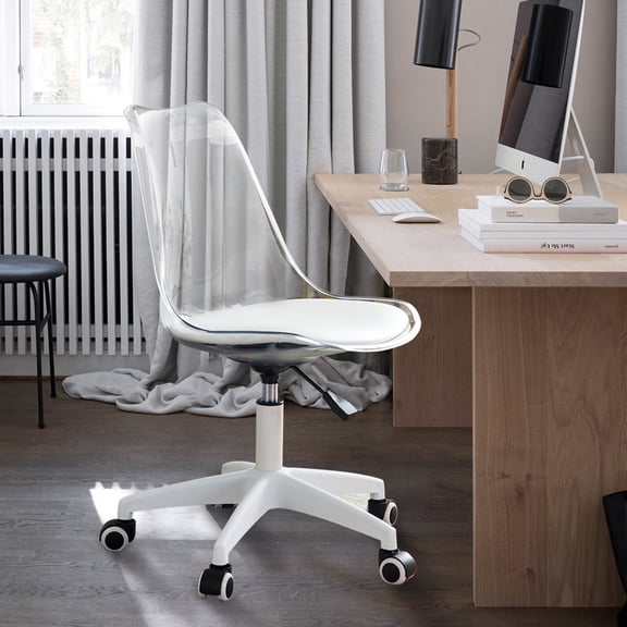 Modern Transparent Backrest Swivel Desk Chair Height Adjustable PU Cushion Rolling Casters Ergonomic Office Computer Chair Clear White