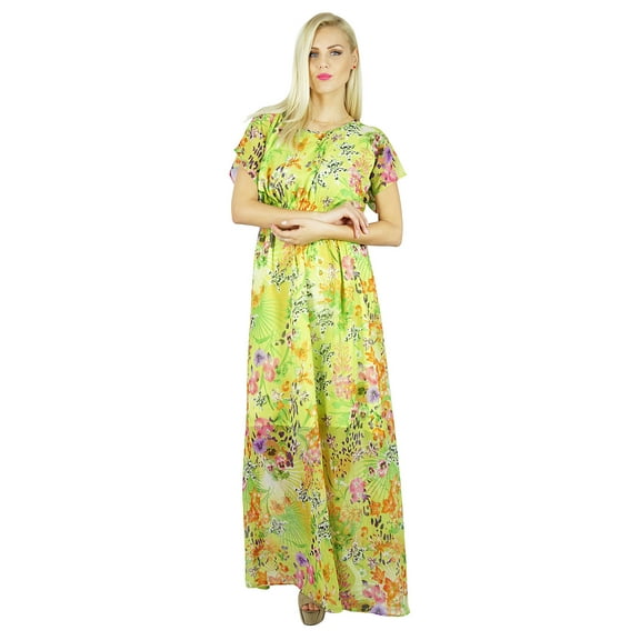 Bimba Women Bohemian Style Long Semi Sheer Chiffon Dress Half Lined Maxi Gown