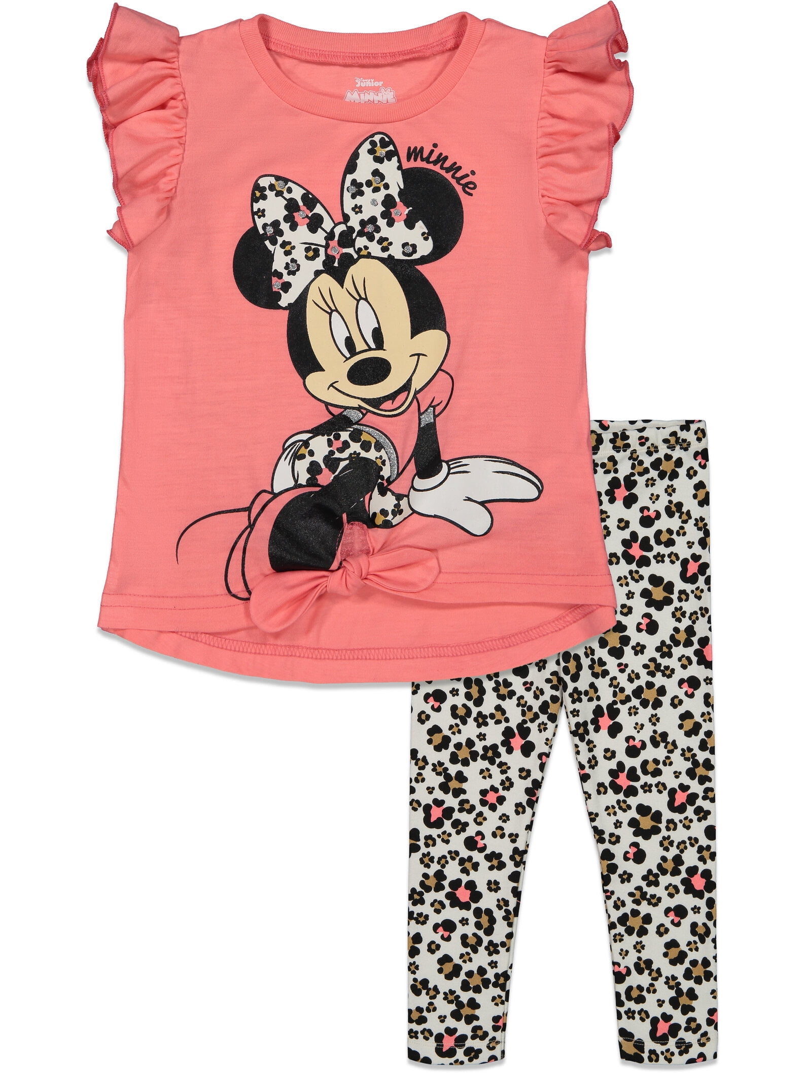 Disney Minnie Mouse Little Girls Knotted Fashion Graphic T-Shirt and Leggings Outfit Set Dark Pink 7-8