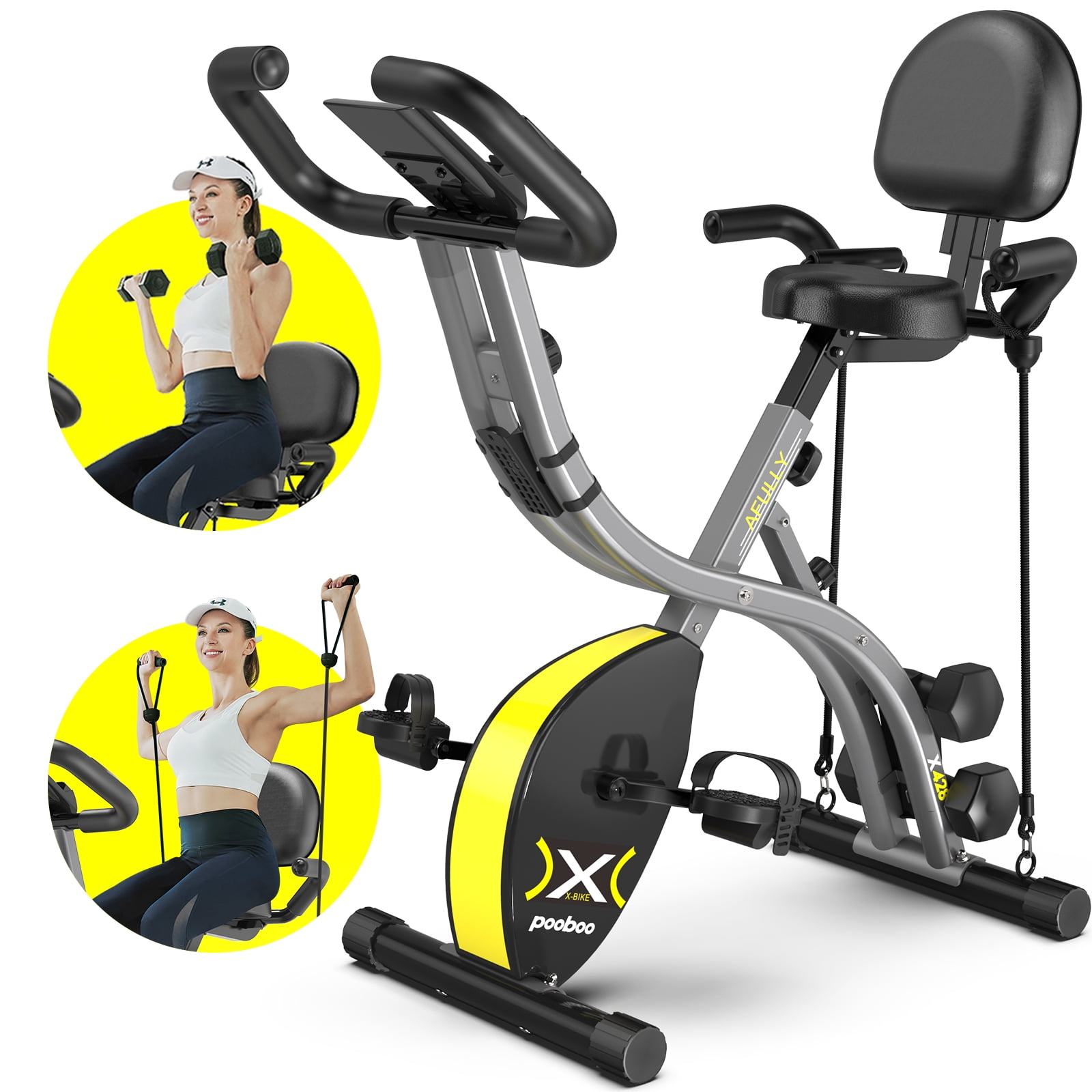 Pooboo Folding Exercise Bike Indoor Stationary Cycling Bicycle Upright Magnetic Workout Bicycle With Dumbbells and Resitance Bands Maximum Weight 300LBS