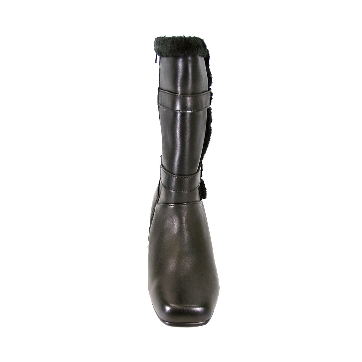 PEERAGE Rihanna Women Extra Wide Width Fleece Lined Leather Boots with Side Zipper/Decorative Buckles BLACK 5.5