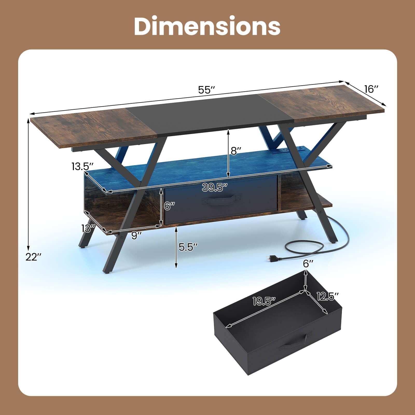 Costway 3-Tier TV Stand with Power Outlets for 65” TVs, LED Lights & Remote Storage Shelves Brown