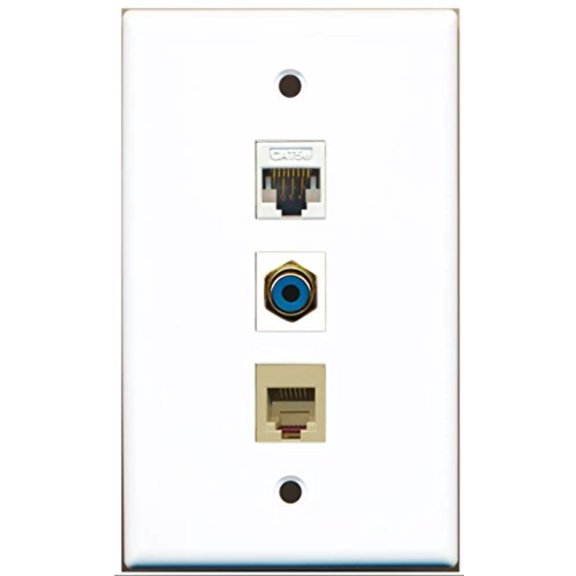 RiteAV - 1 Port RCA Blue and 1 Port Phone RJ11 RJ12 Beige and 1 Port Cat5e Ethernet White Wall Plate