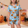 thumbnail image 2 of Pandaie Little Girls Loungewear Halloween Ghost Pumpkin Print Short Sleeve Pajamas 2 Piece Set Kid Night Sleepwear Outfits Blue,10-11Years, 2 of 5