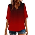 thumbnail image 4 of Olyvenn Women's V-Neck Gradient Color Block Bell Sleeve Top Casual Loose Fit Asymmetric Hem Blouse Wine L, 4 of 7