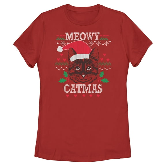 Women's Lost Gods Meowy Catmas Knit Graphic Tee Red X Large