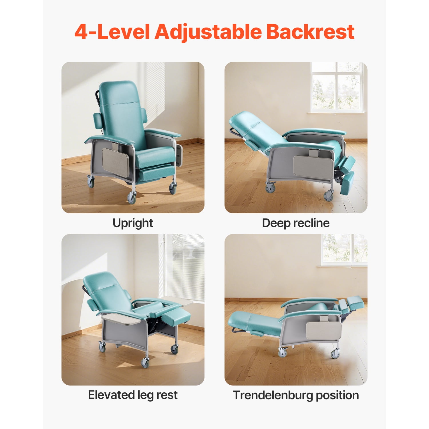KFFKFF Adjustable Medical Recliner Chair with 4 Positions, Trendelenburg Design, Comfortable Padded Seat, 4 Wheels, and Dual Trays for Healthcare Facilities and Home Care