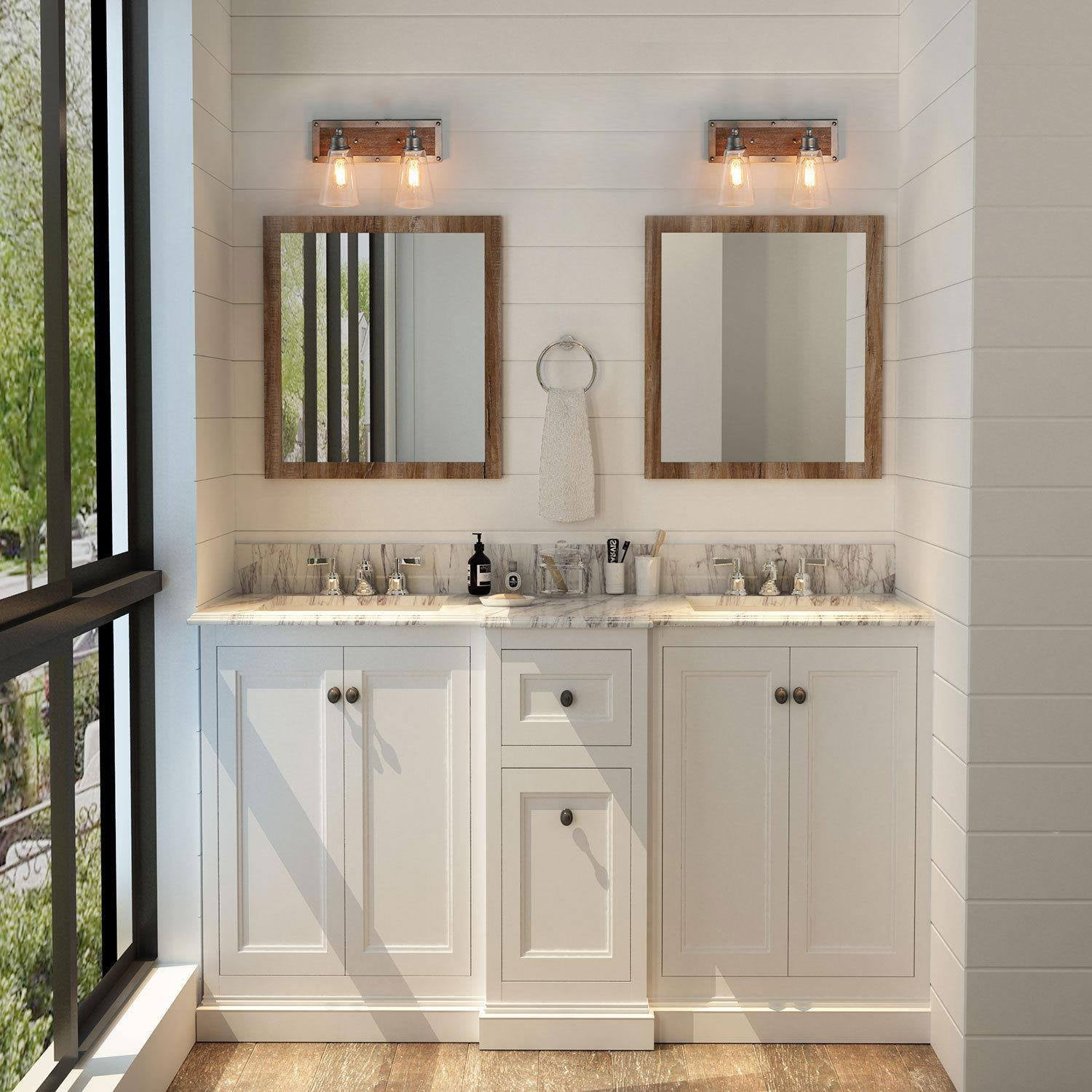 LNC Sabrina 14-in Antique Silver and Distressed Wood Bathroom Vanity Light, Farmhouse, 2-Light