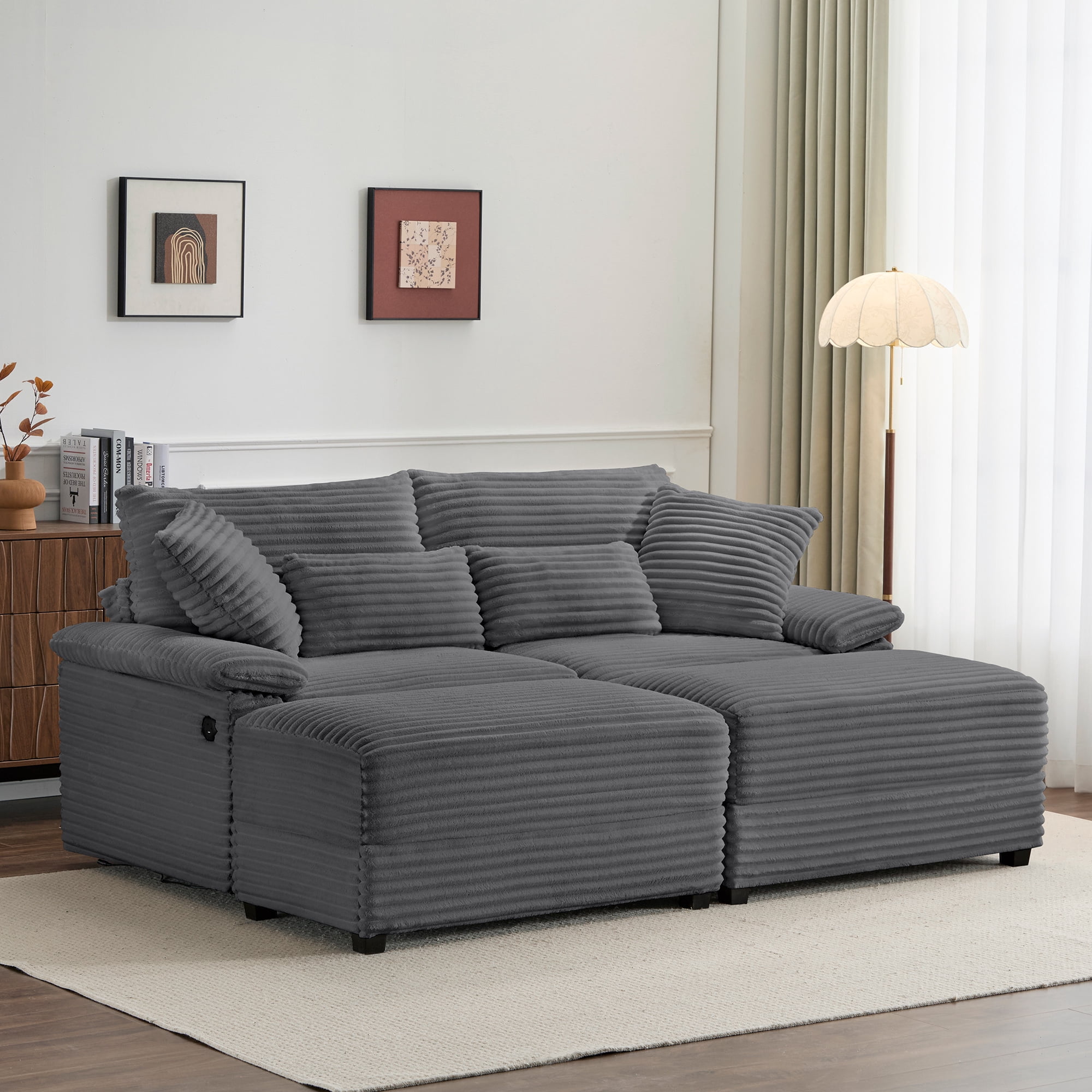 Alvantor 74" Sofa Loveseat with Reversible Ottoman & USB Port Corduroy Chaise Couch for Living Room Drak Gray