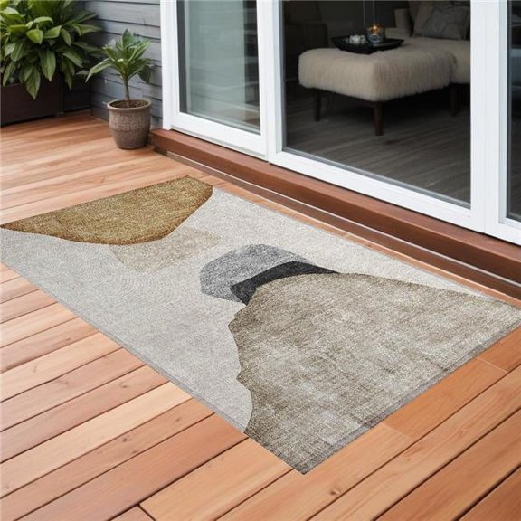 HomeRoots 562173 2 x 3 ft. Tan Brown & Gray Abstract Washable Non Skid Indoor Outdoor Rectangle Machine Woven Area Rug