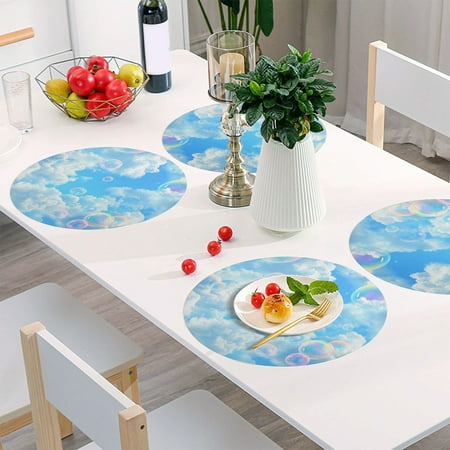 

Round Grid Placemat One Sizex1 Round Placemat PVC Plate Mat，15.4 Inch Non-Slip and Heat Resistant Table Placemat Dining Room Placemat White Cloud Bubble