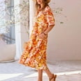 thumbnail image 4 of Pisexur Robes d'Été pour Femmes Mode Bohème à Imprimé Floral Robe Maxi Décontractée Fluide Taille Élastique Robe Soleil Manches Courtes Col en V Boutonnée Robe Soleil à Volants Évasée Plage Longue avec Poches, 4 of 8