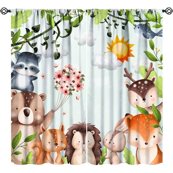 Forest Woodland Blackout Curtains for KidsRetro Wildlife Animal Tree Cute Cartoon Bear Cabin Pattern Drapes Window 2 Panel Rod Pocket Curtain for Girls Boys Baby Bedroom Nursery Decor 42"W X 54"L