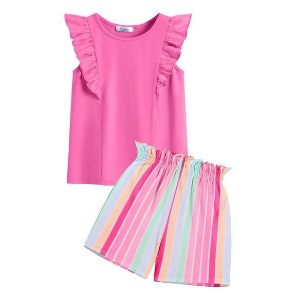 Arshiner Girls Clothes Summer 2 Piece Outfits Cute Ruffle Trim Tank Top and Paperbag Waist Shorts Set