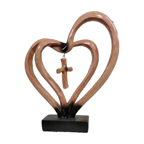 Darzheoy Double Heart Cross Tabletop Decoration, Brown Resin Valentine's Day Decoration, Home Desk Decor for Christian Gift and Wedding