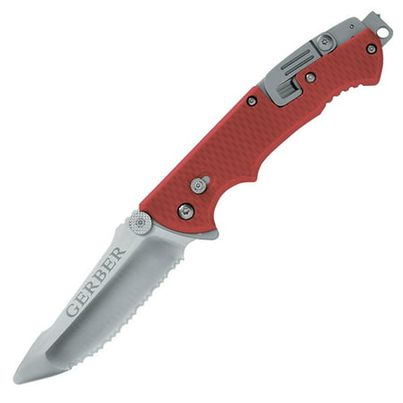 Gerber Hinderer Rescue Serrated Folding Blade Knife with window punch, oxygen tank valve opener, and