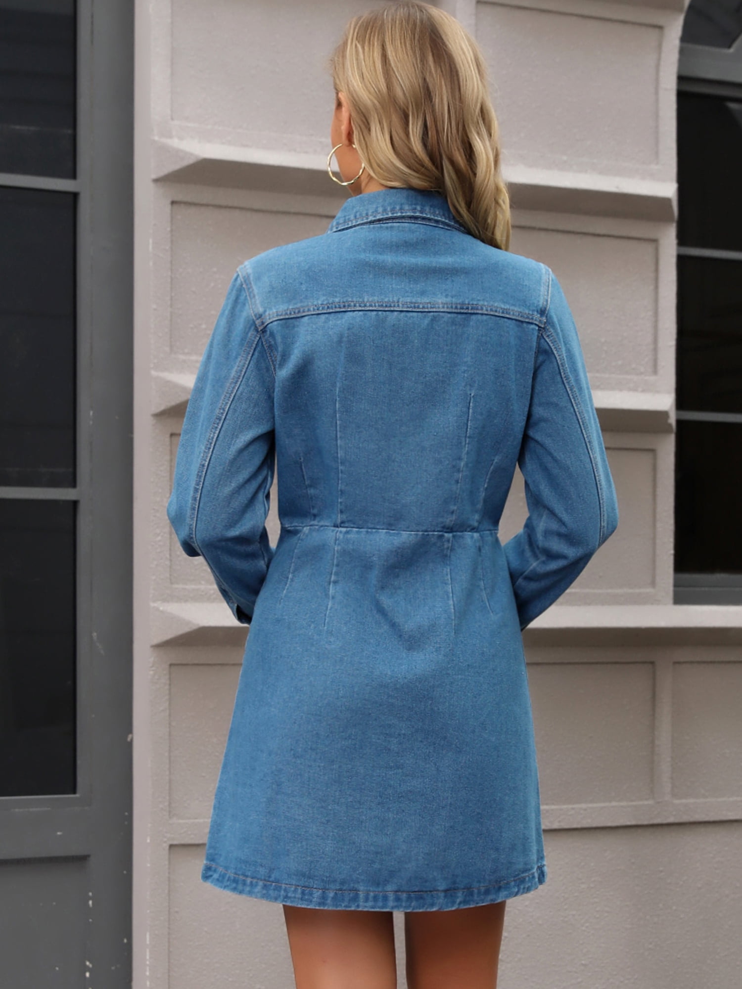 DARING DIVA Women's Button Down Collared Long Sleeve A-Line Jean Dress 2XL Blue
