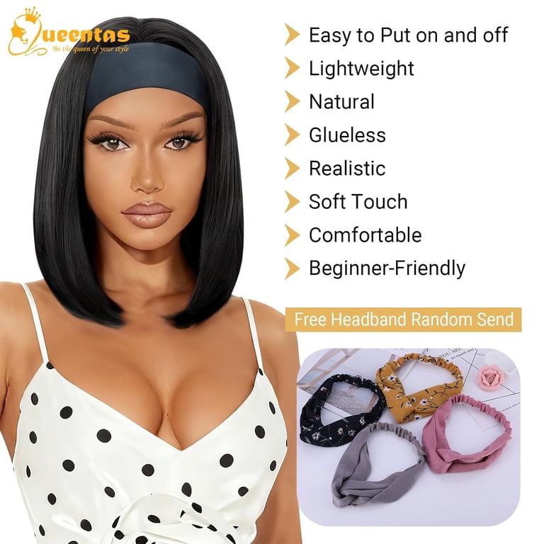 Queentas 10 Inch Short Black Bob Headband Wig for Women  display picture 2