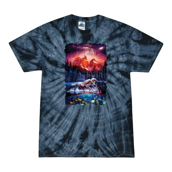 Wild Bobby, Colorful Horses Running on Forest Auroa, Animal Lover, Tie-Dye Tees, Spiral Navy, Large
