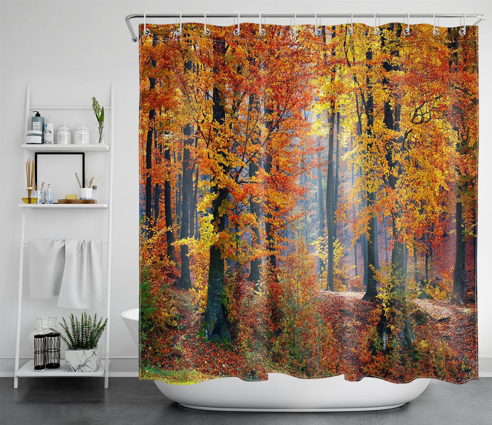 HVEST Fall Maple Shower Curtain, Autumn Natural Scenery Yellow Red