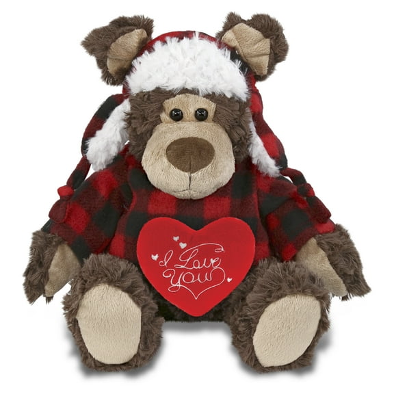 DolliBu I Love You Plush Super Soft Grizzly Bear wirth Red Plaid Outfit - Stuffed Animal Bear with Red Heart Plush for Valentines, Anniversary, Romantic Date, Boyfriend, or Girlfriend Gift - 9 Inches