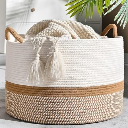 Large Cotton Rope Baskets for Storage  Domaci Woven Basket for Organizing  Blanket Basket Clothes Basket Laundry Hamper with Handles (16  x 14 )