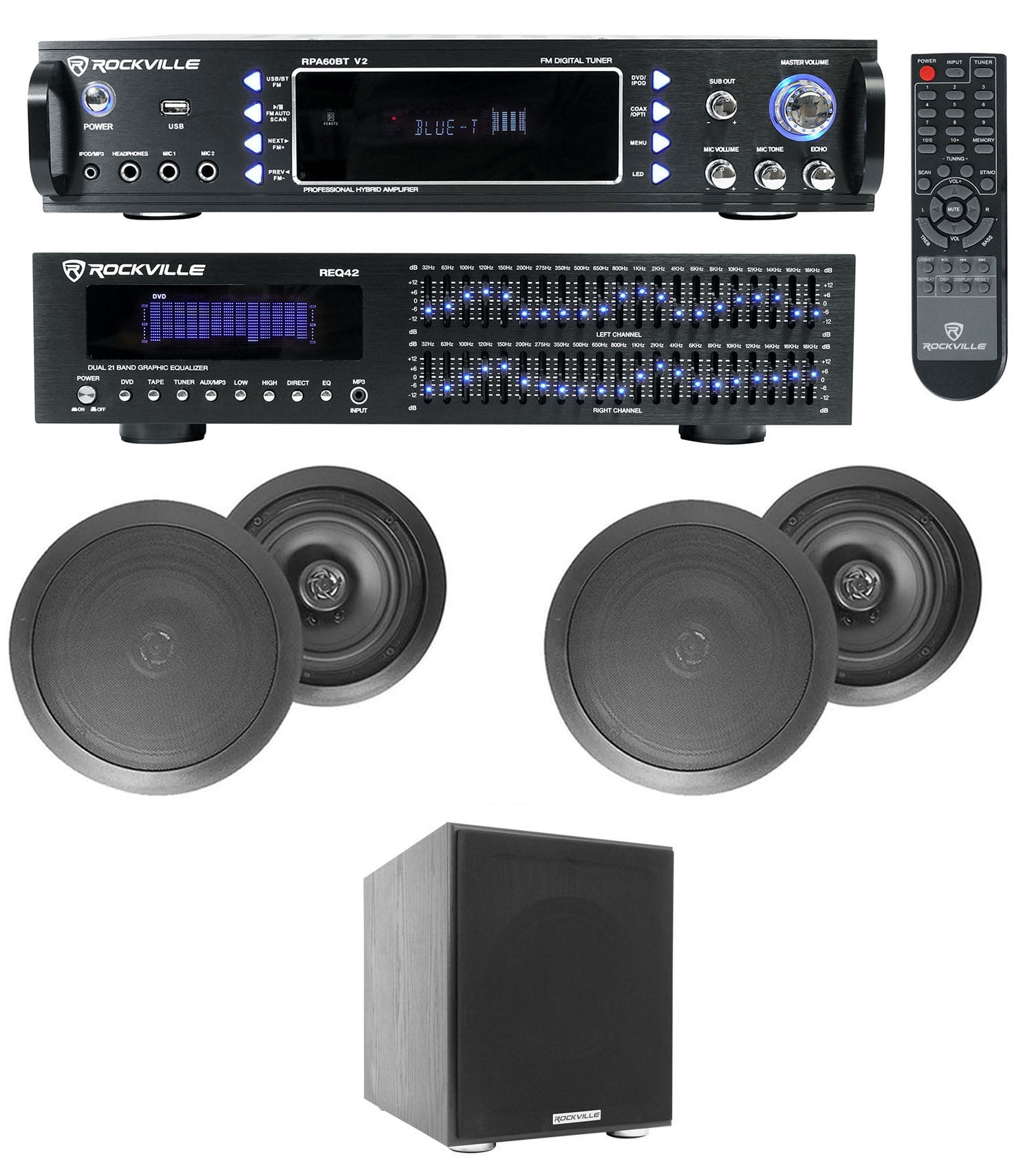 Home Bluetooth Receiver+EQ+(4) Black Ceiling Speakers+8" Subwoofer -